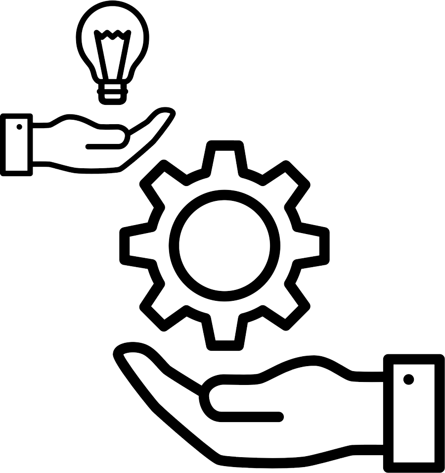 Hands holding gear and lightbulb line clipart