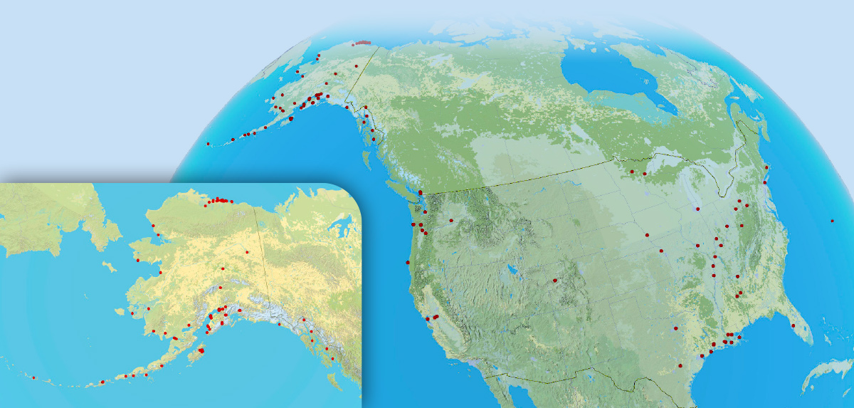 Locations where PND has designed OPEN CELL SHEET PILE structures on a global illustration map