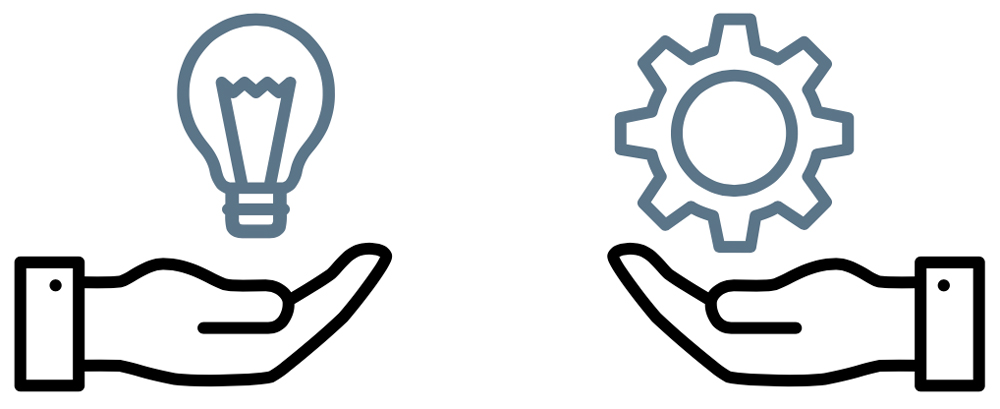 hand with a lightbulb icon; hand with gear icon