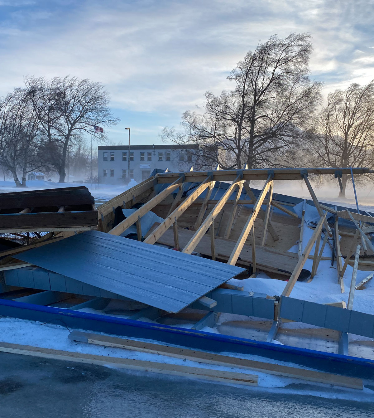 A storage shed on ball fields near the Matanuska-Susitna Borough building in Palmer was demolished by the January wind storm