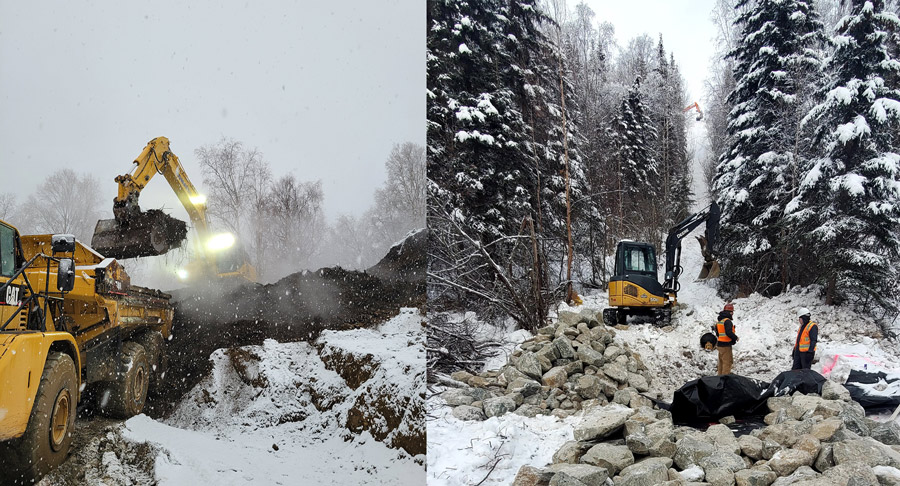 bulldozers at a snowy construction site