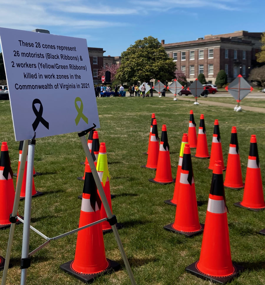 display of twenty-eight cones represent twenty-six motorists and two workers who were killed in work zones in the Commonwealth of Virginia in 2021