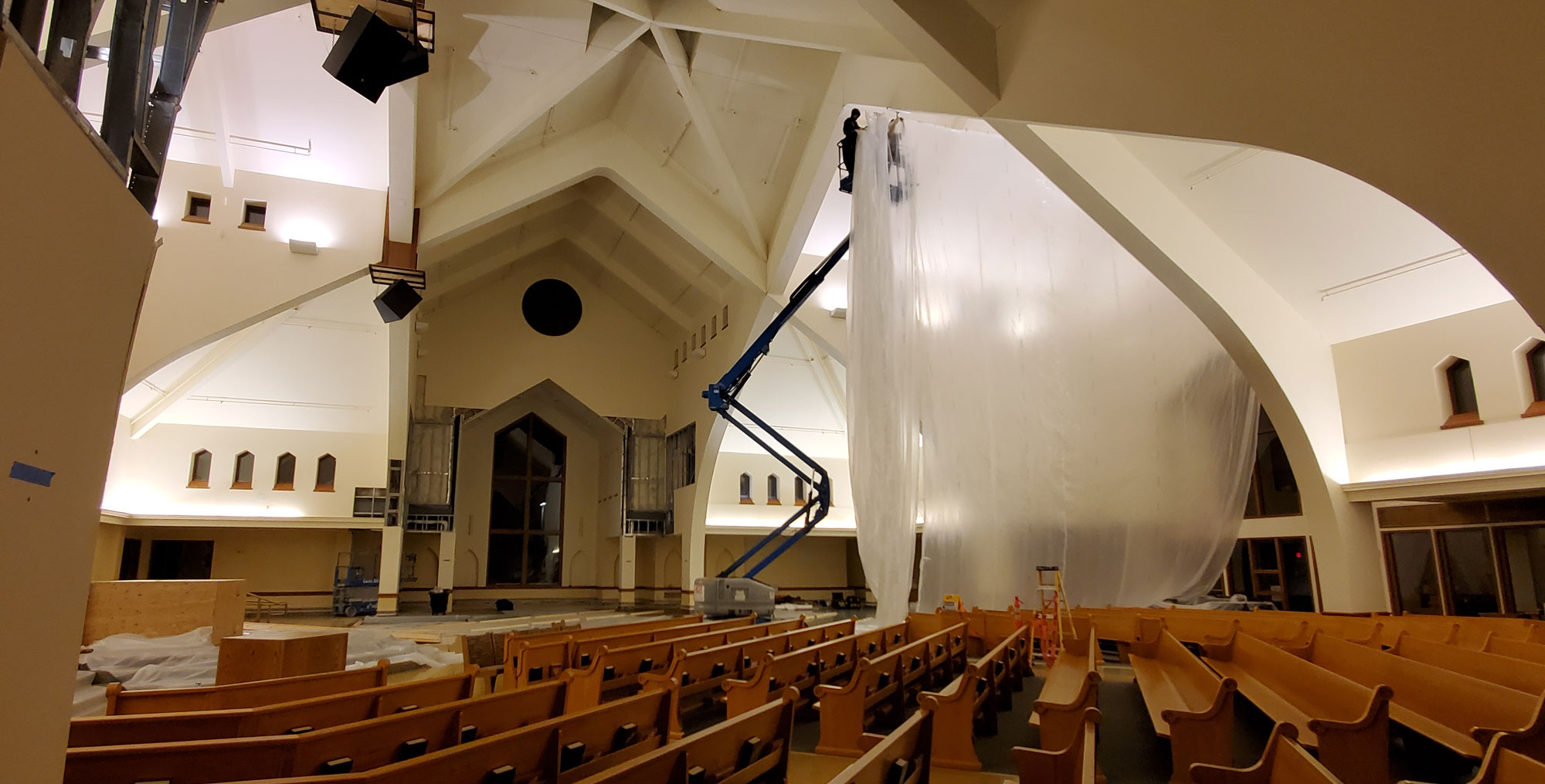 St. Andrew Catholic Church in Eagle River during repair work by Kuchar Construction following the 2018 earthquake