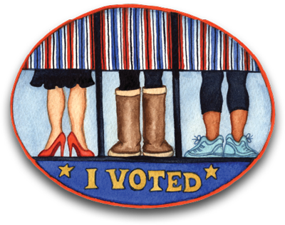 illustrated 'I Voted' sticker showing people legs in the voting booth
