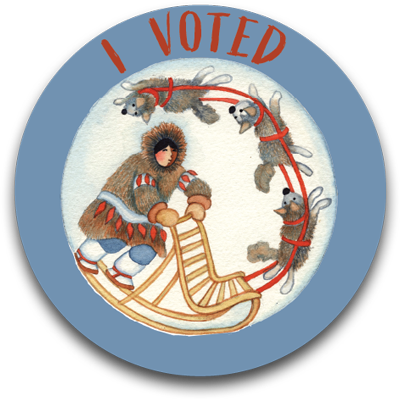 illustrated 'I Voted' sticker of wolves pulling someone on a sled