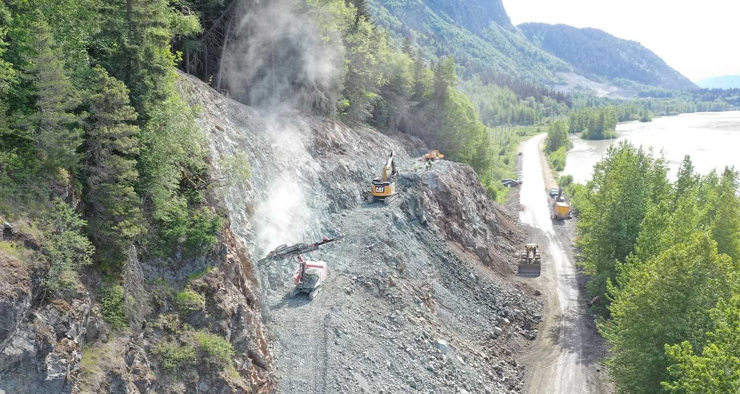 EMC Engineering inspecting blasting operations and rockfall mitigation on the Haines Highway Reconstruction, Phase I