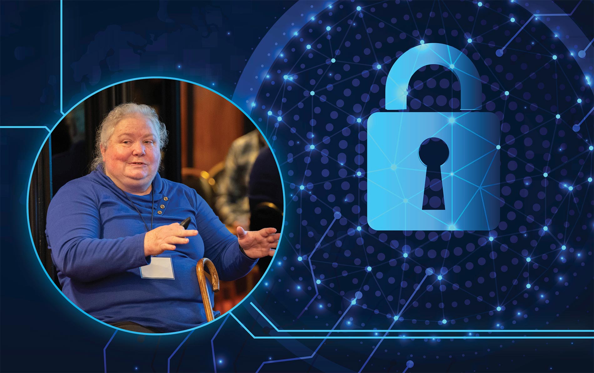 Picture of Teresa Rule with stylized tech background and padlock