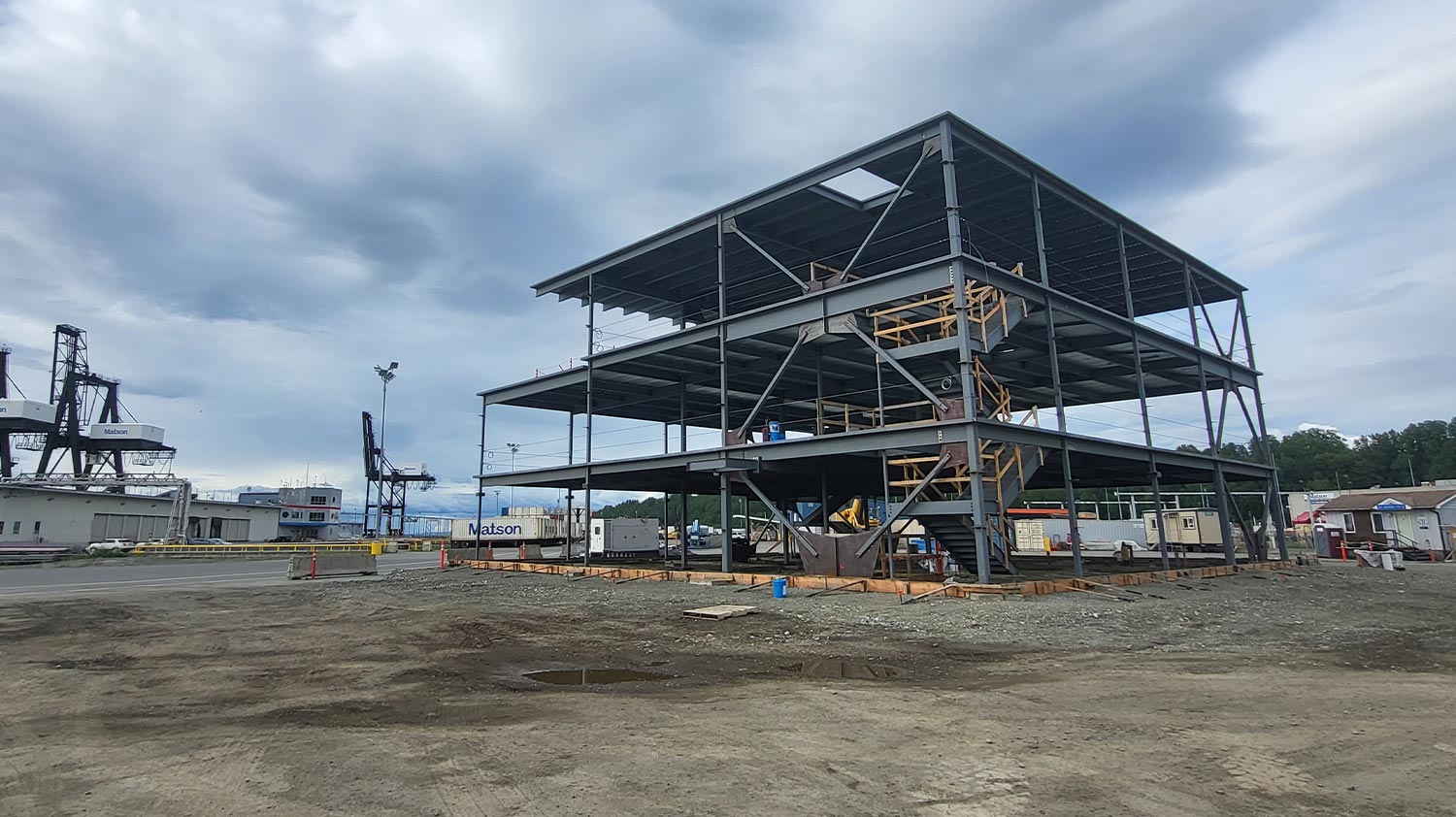 view of the structural steel frame of the the three-story, 16,919-square-foot Port of Alaska administration building