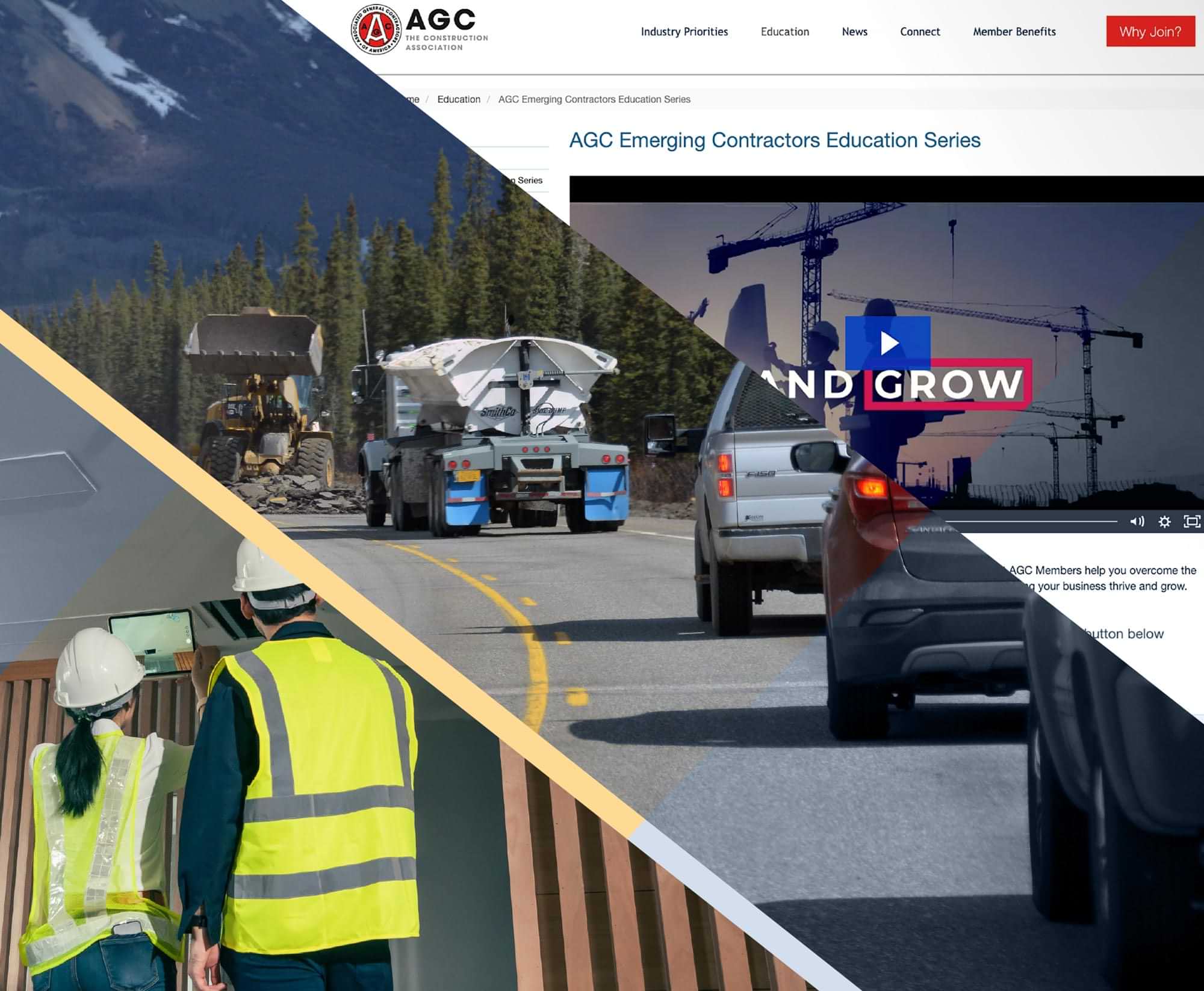 a geometrically masked collage of images; a male and female construction worker using an iPad to survey a vent, contruction roadwork taking place on a busy highway, and a screen capture of the AGC website