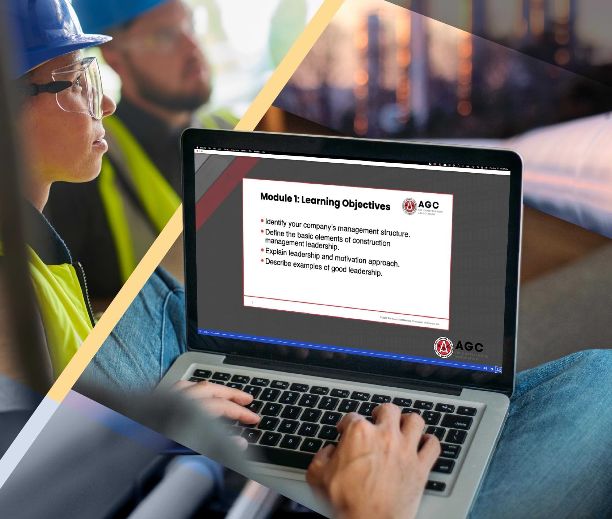 a geometrically masked collage of images; close up of a construction worker wearing a safety jacket, a safetly helmet and goggles, a persons hands rest on a laptop with the screen displaying a AGC learning module, building piping