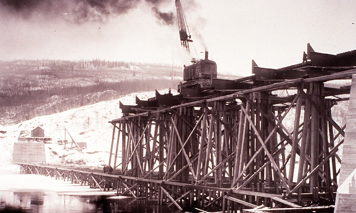 Vintage photograph of the Tanana River Bridge being built