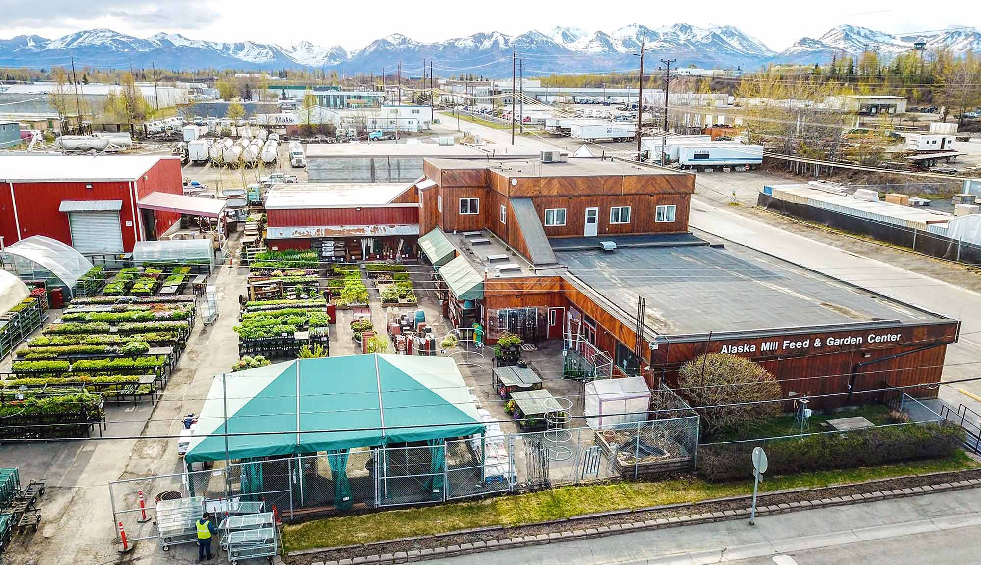 Arial view of Alaska Mill Feed store showing a garden center in the back
