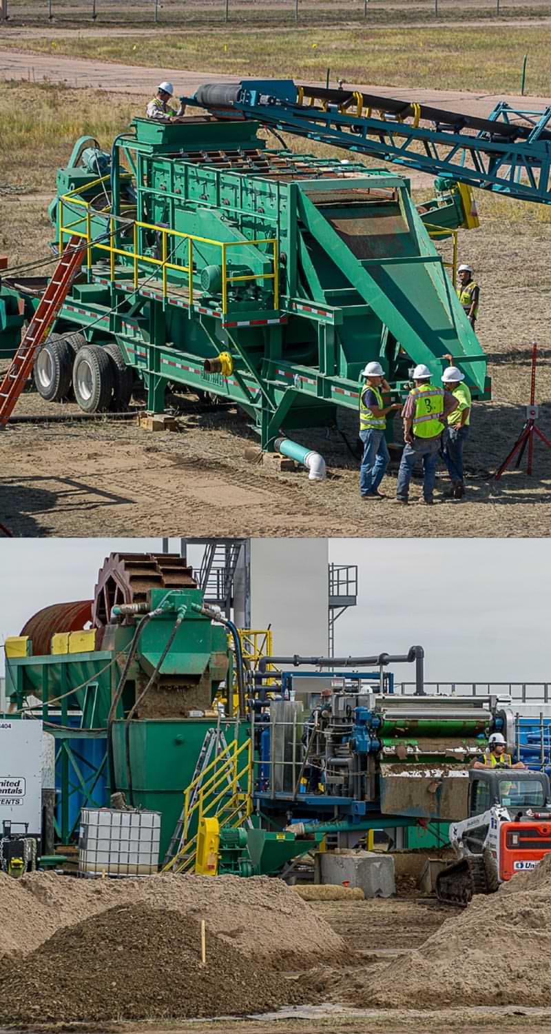 zoomed in birds eye view of Brice Engineering workers stand beside a large green material processing machine; a large green processing machine working through soil