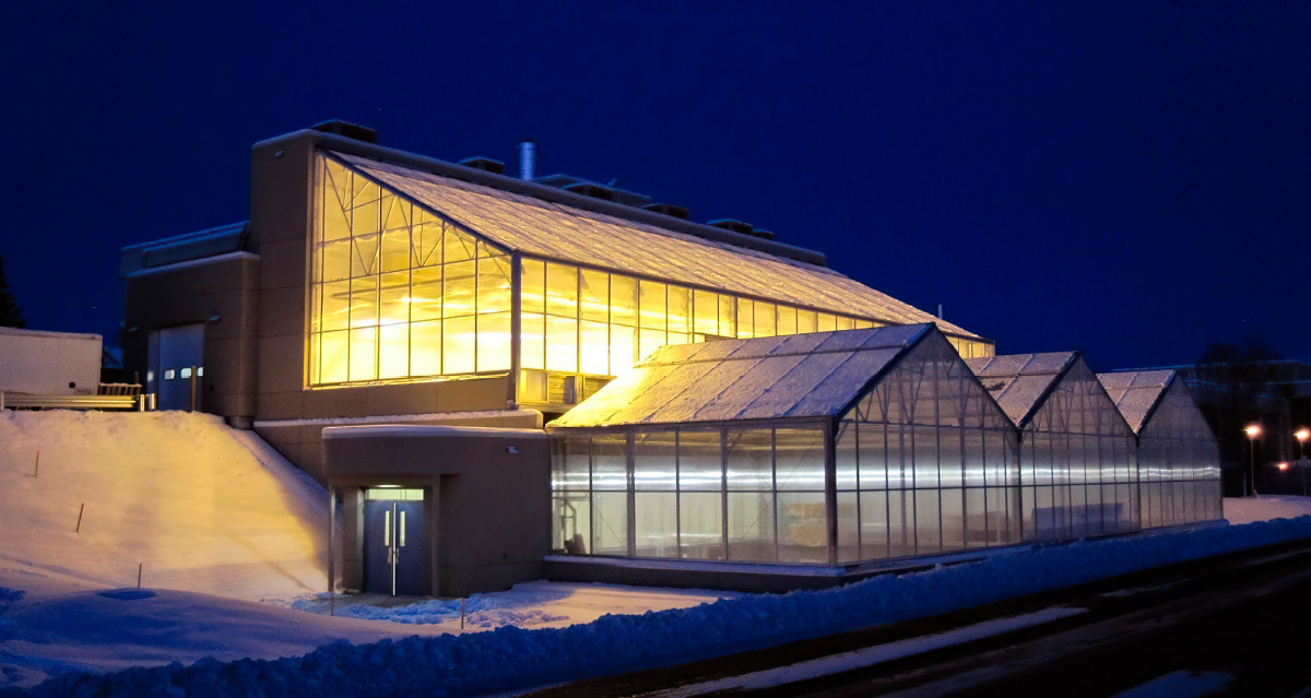 outside view of the completed UAF Research Greenhouse