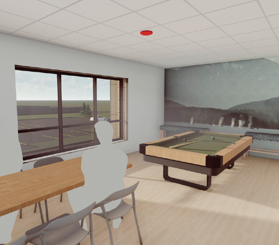 mockup of interior dormitory common area with a pool table