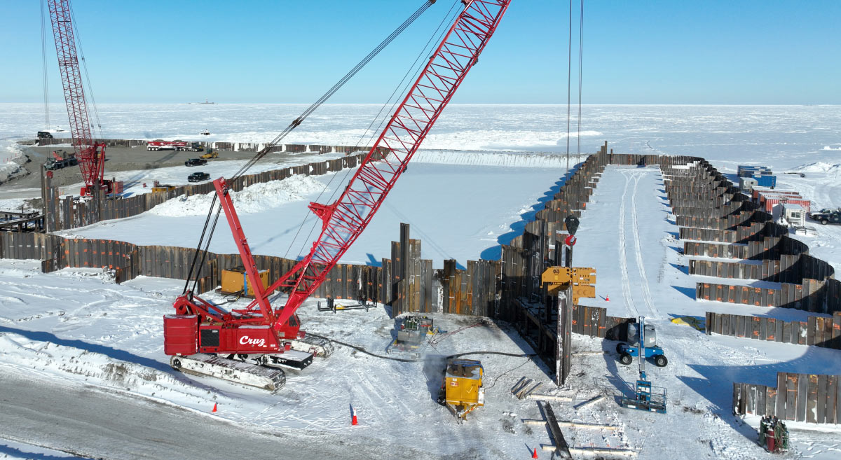 aerial view of 3,000 pieces of sheet pile at the Oliktok dock expansion project