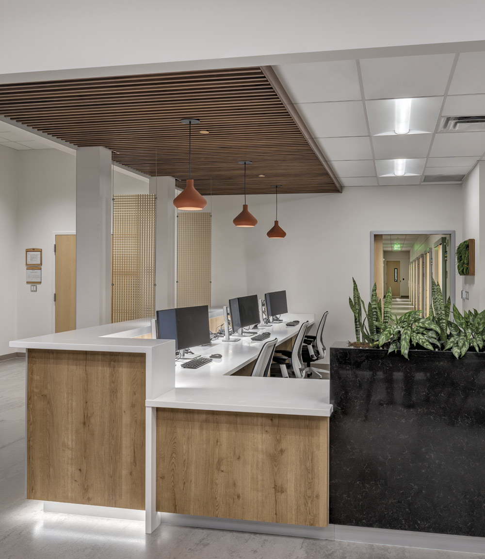A modern medical reception desk with wood paneling and white countertops, featuring three computer stations under hanging pendant lights and a slatted wood ceiling detail.