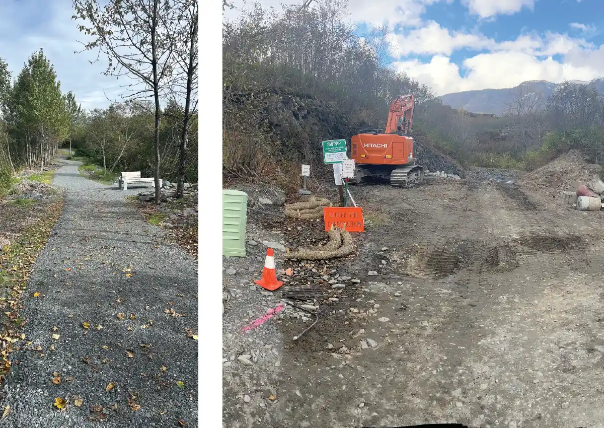 A side-by-side comparison showing two stages of a trail project