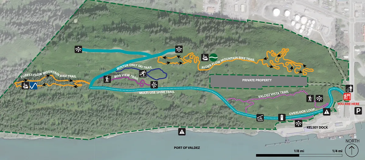 An illustrated trail map of a recreational park near the Port of Valdez, Alaska
