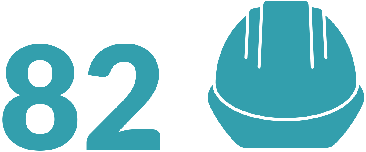 A bold teal graphic displaying the number "82" alongside a matching teal construction hard hat icon.