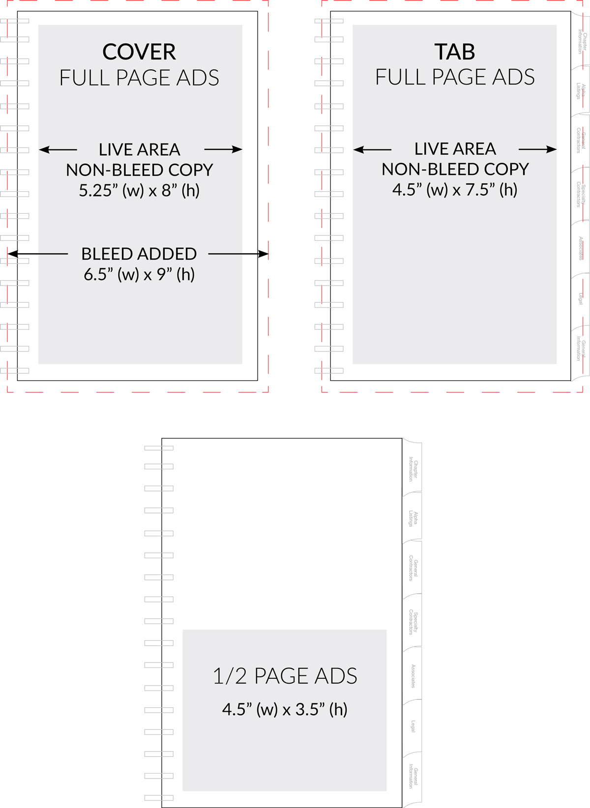 Cover Full Page Ads, Tab Full Page Ads, and 1/2 Page Ads